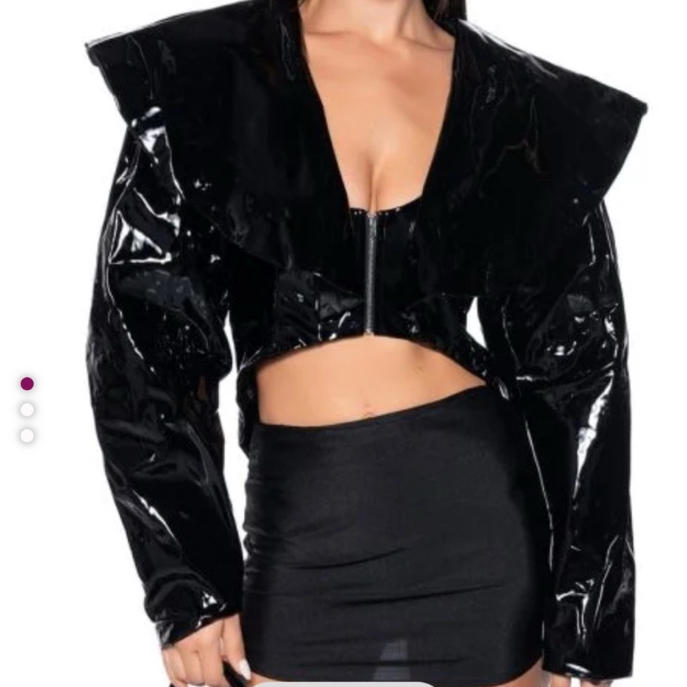 AKIRA Black Glossy Bomber Jacket with Padded Sleeves! NEVER WORN, tags removed.